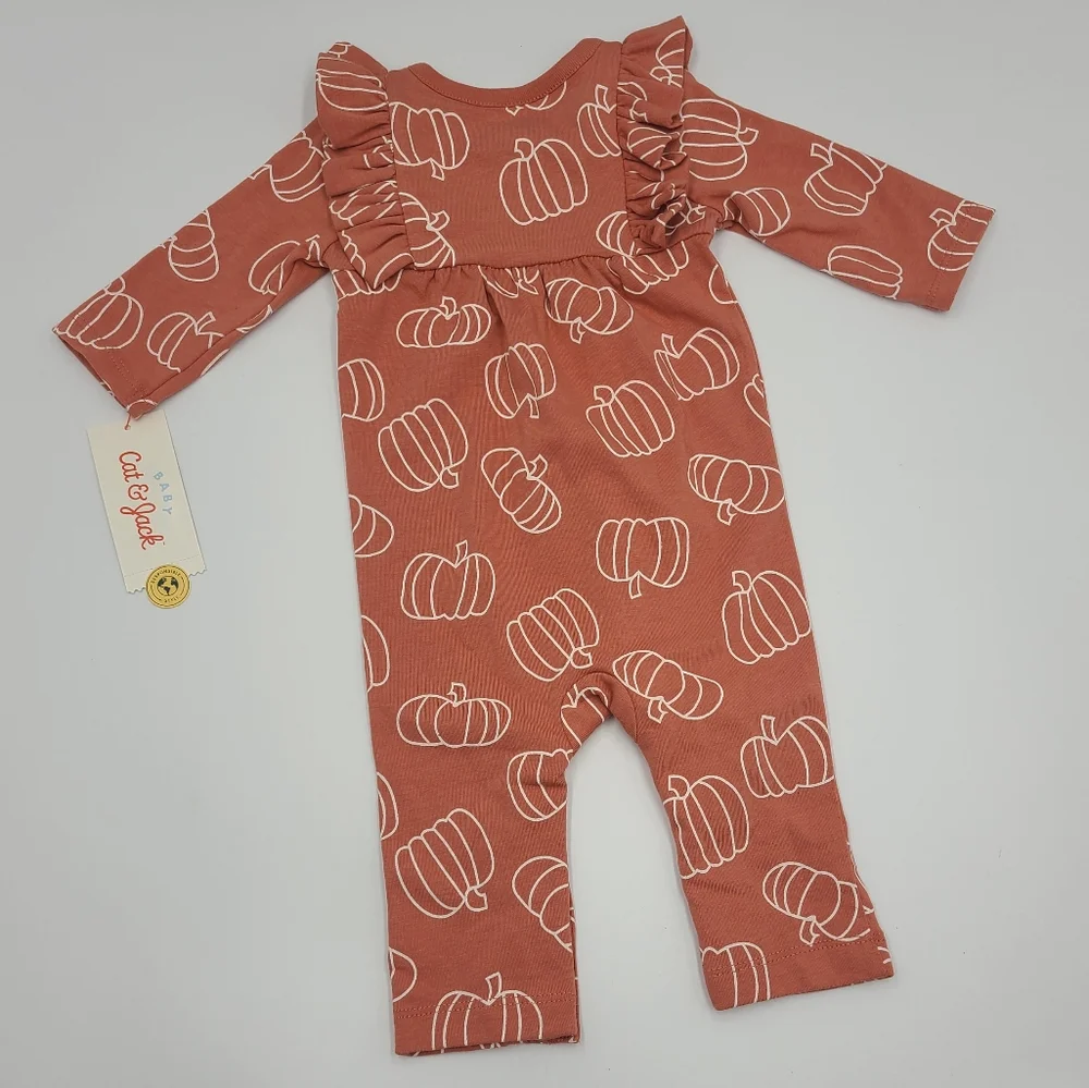 NEW Cat & Jack baby girl pumpkin ruffle romper size 0-3 months